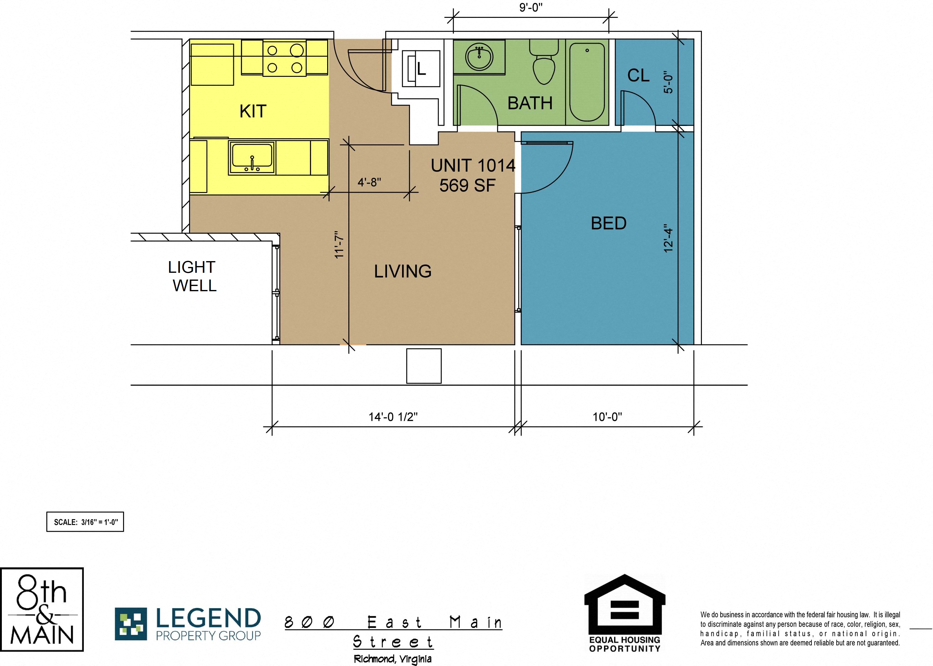 Floor plan for 1 bed, 1 bath, 569 sqft